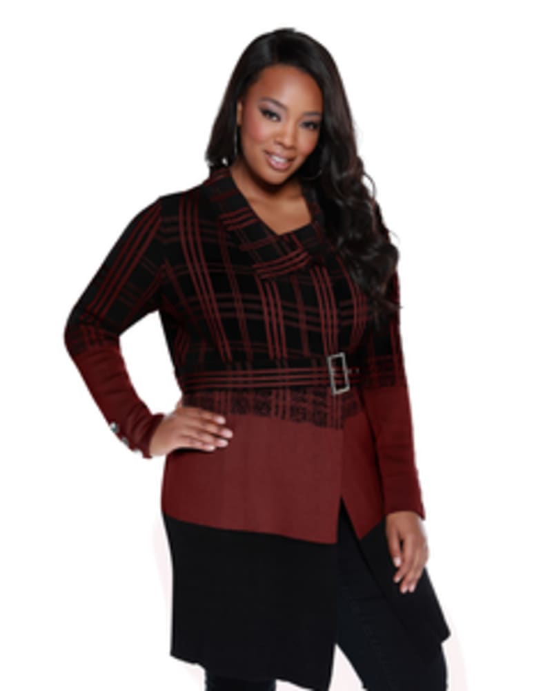 Front of a model wearing a size 1X Veronica Long Plaid Cardigan in BLACK CHERRY/BLACK by Belldini Black Label. | dia_product_style_image_id:246170